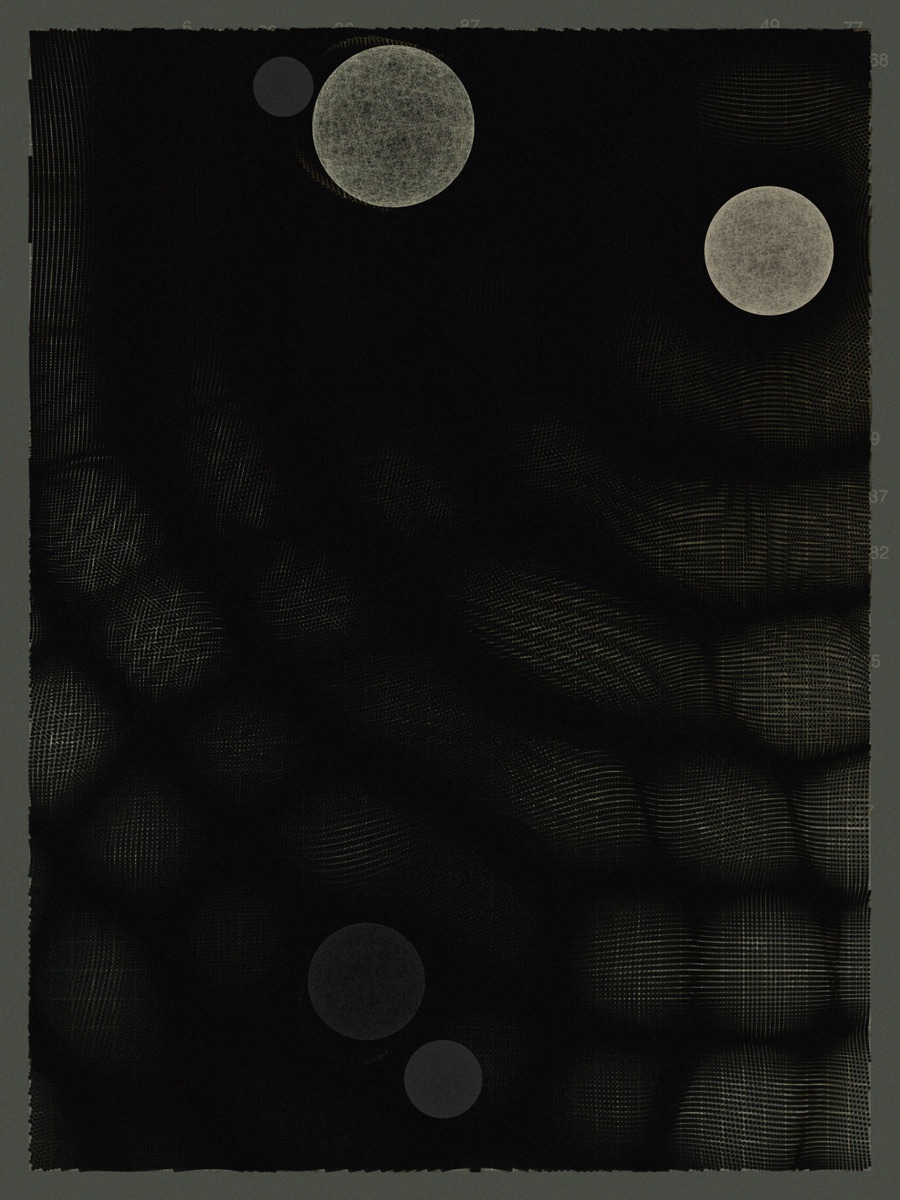 A dark generative graviton composition with textured spheres and field-like linework.